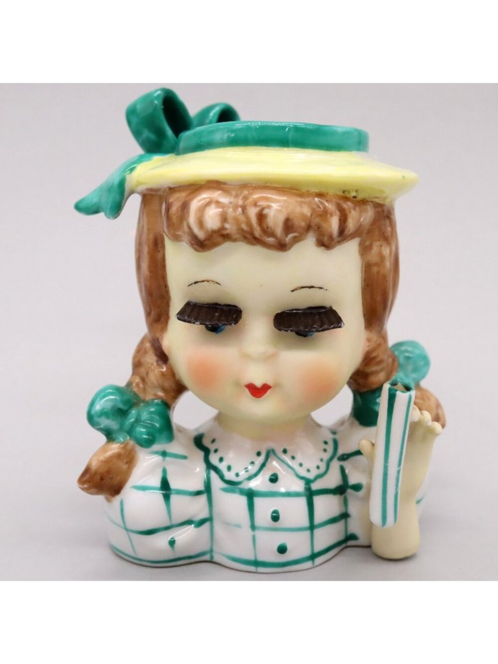 Rare Gingham Girl w/ Ceramic Eyelashes Head Vase Bisque Face Vintage Japan